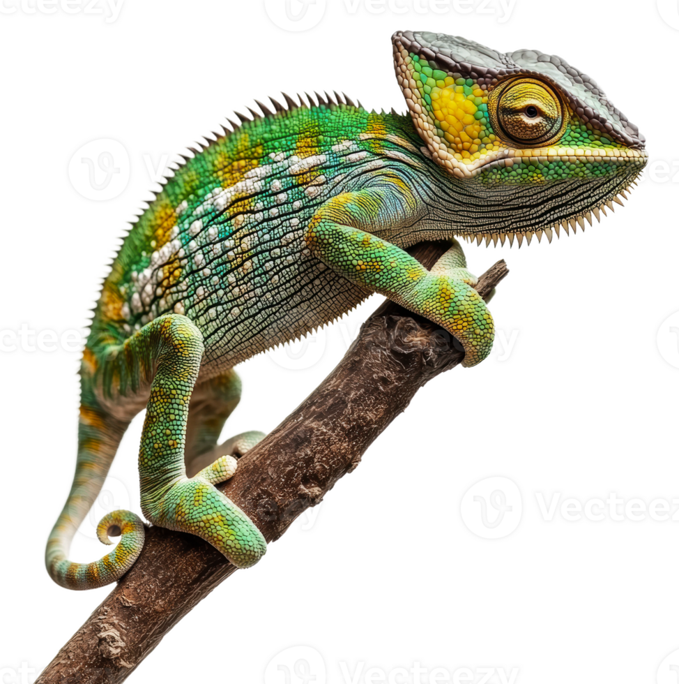 Colorful chameleon resting on a branch in nature, cut out - stock . png