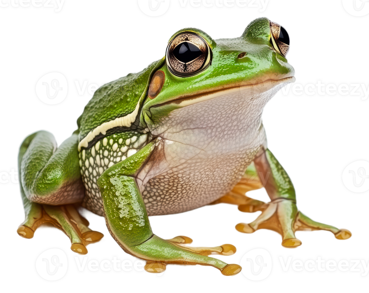 Green tree frog resting on a smooth surface, cut out - stock . png