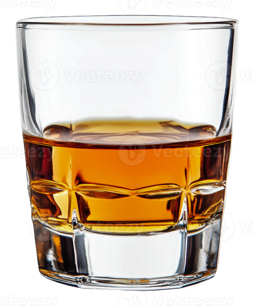 Amber whiskey glass on a table, cut out - stock . png