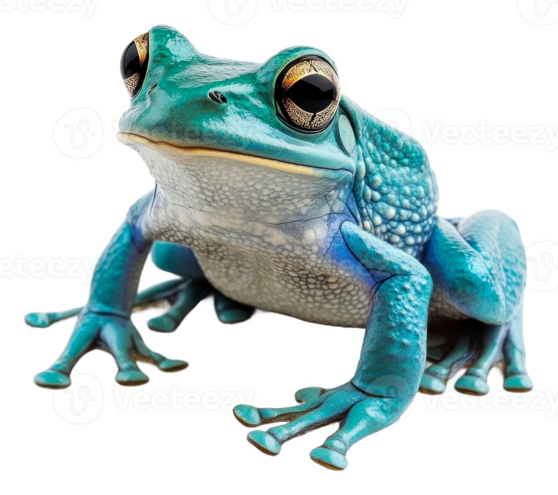 Bright blue frog sitting on a white surface, cut out - stock . png