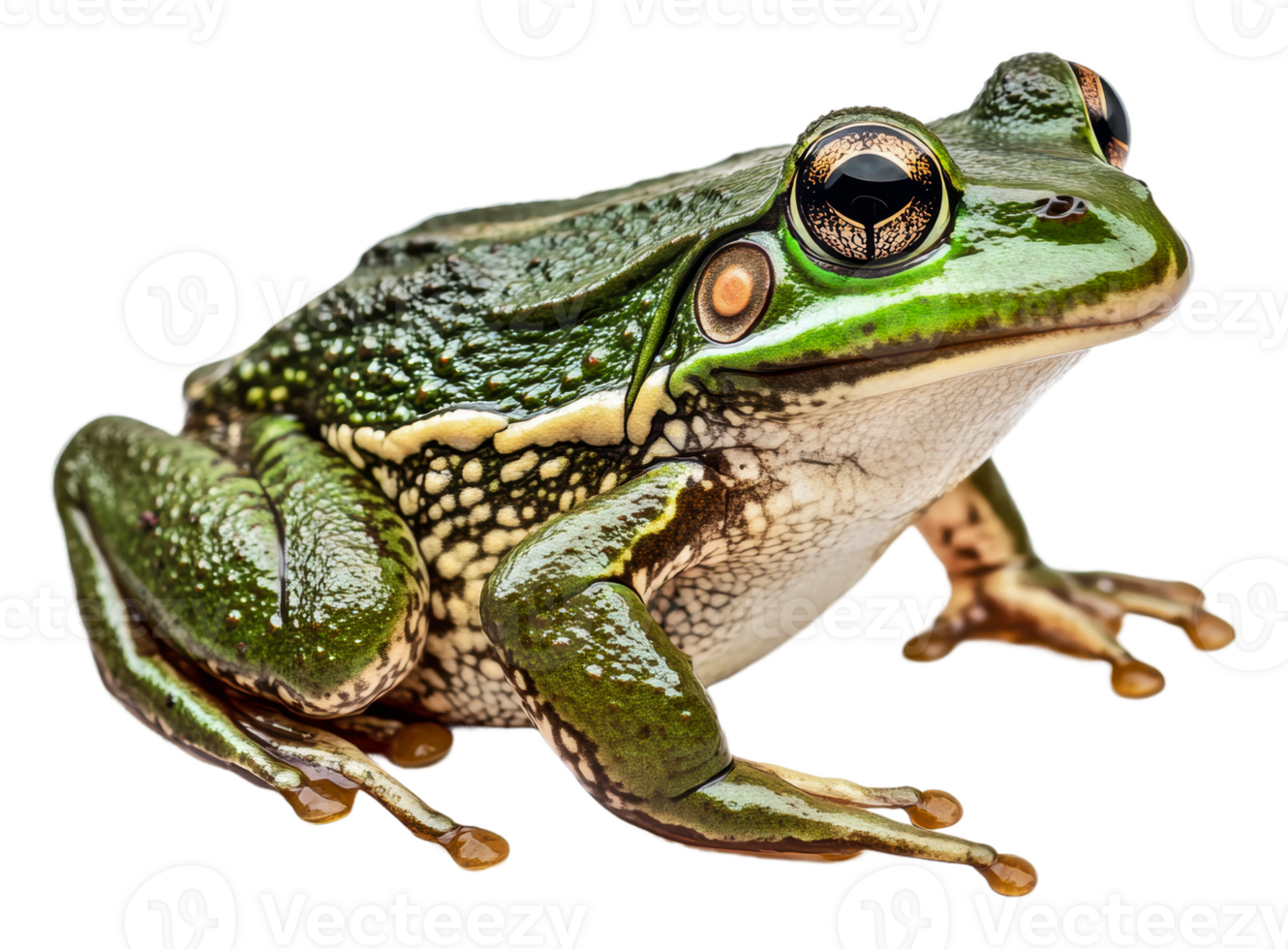 Green frog resting on a surface in natural light, cut out - stock . png