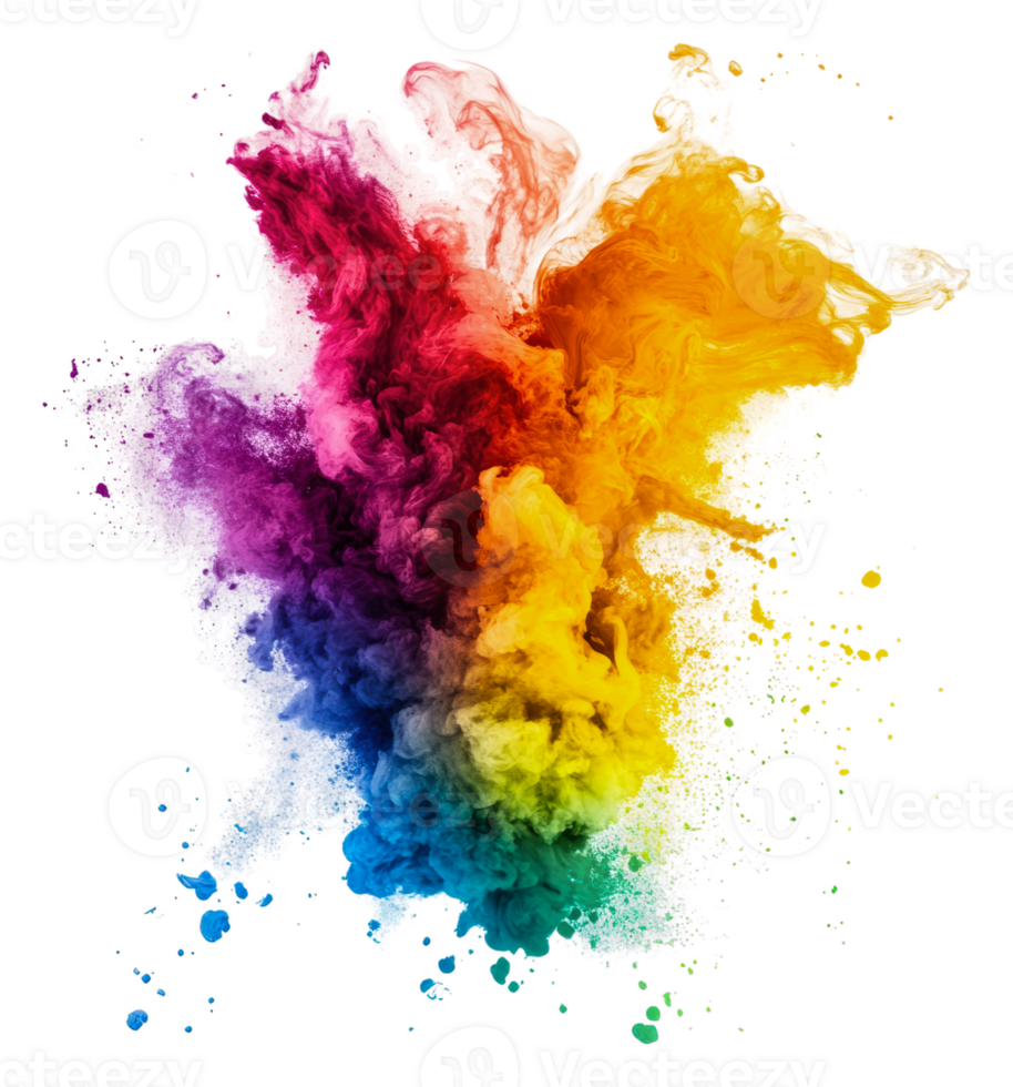 Vibrant explosion of colored powders in motion, cut out - stock . png