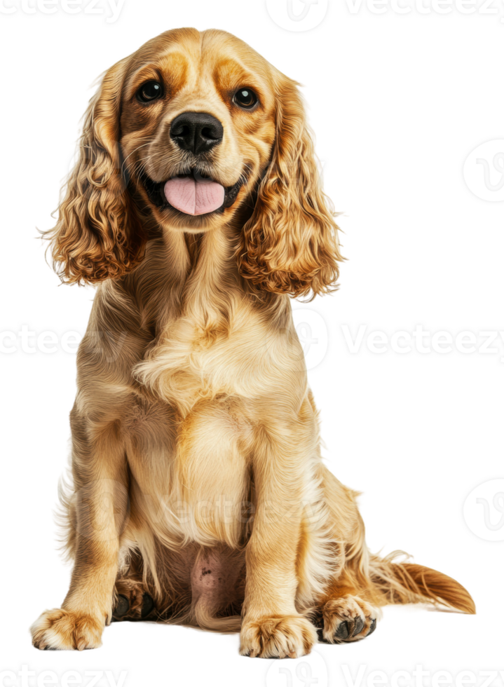 Happy golden cocker spaniel sits smiling indoors, cut out - stock . png