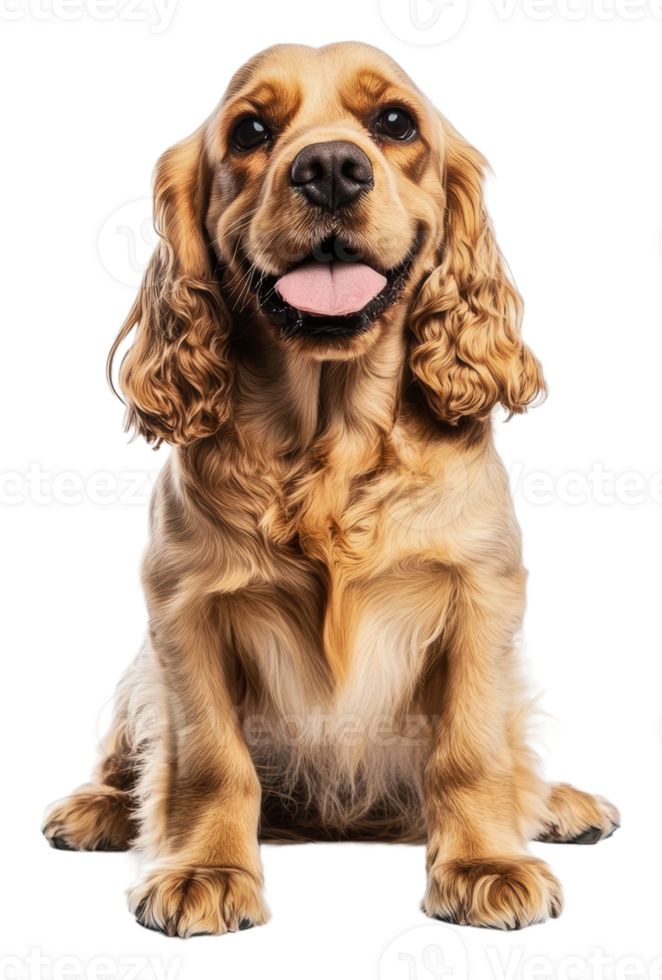Happy cocker spaniel sitting on a white backdrop, cut out - stock . png