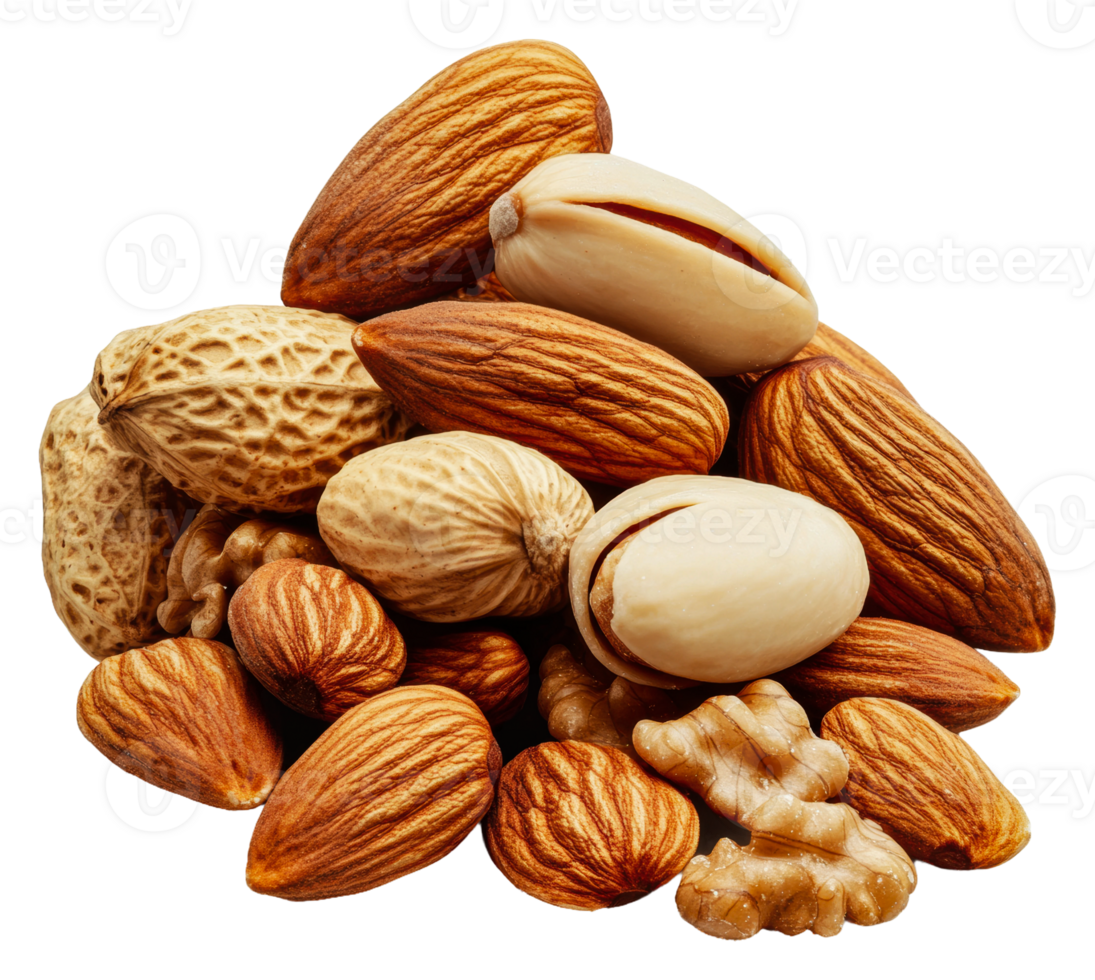 Various nuts arranged in a decorative pile, cut out - stock . png