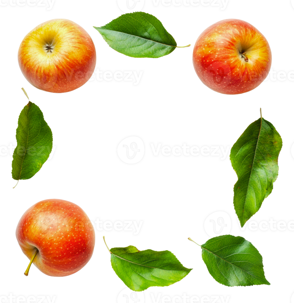 Decorative red apples and green leaves, cut out - stock . png