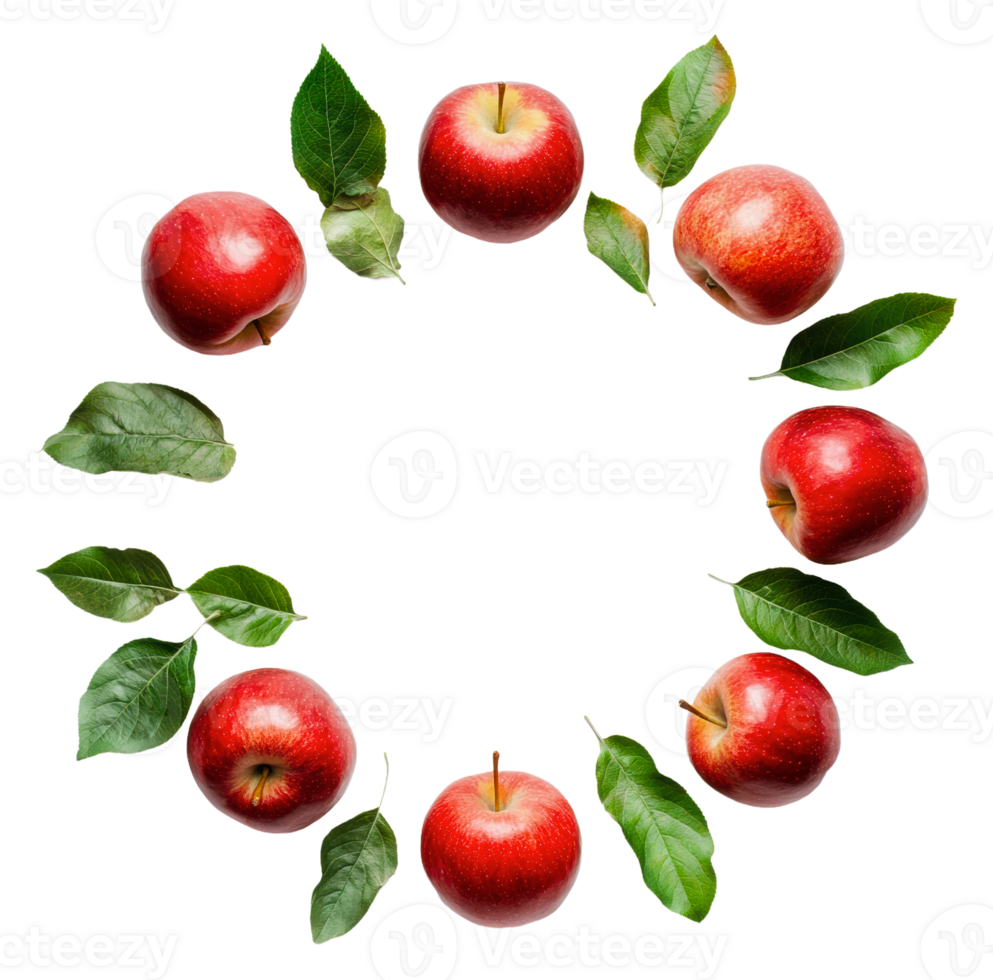 Red apples arranged in a circle with green leaves, cut out - stock . png