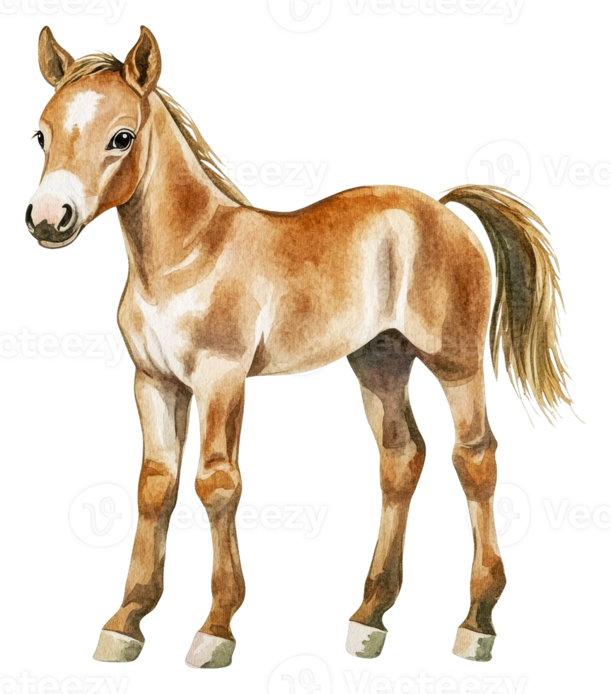 Young horse in a sunny green field, cut out - stock . png