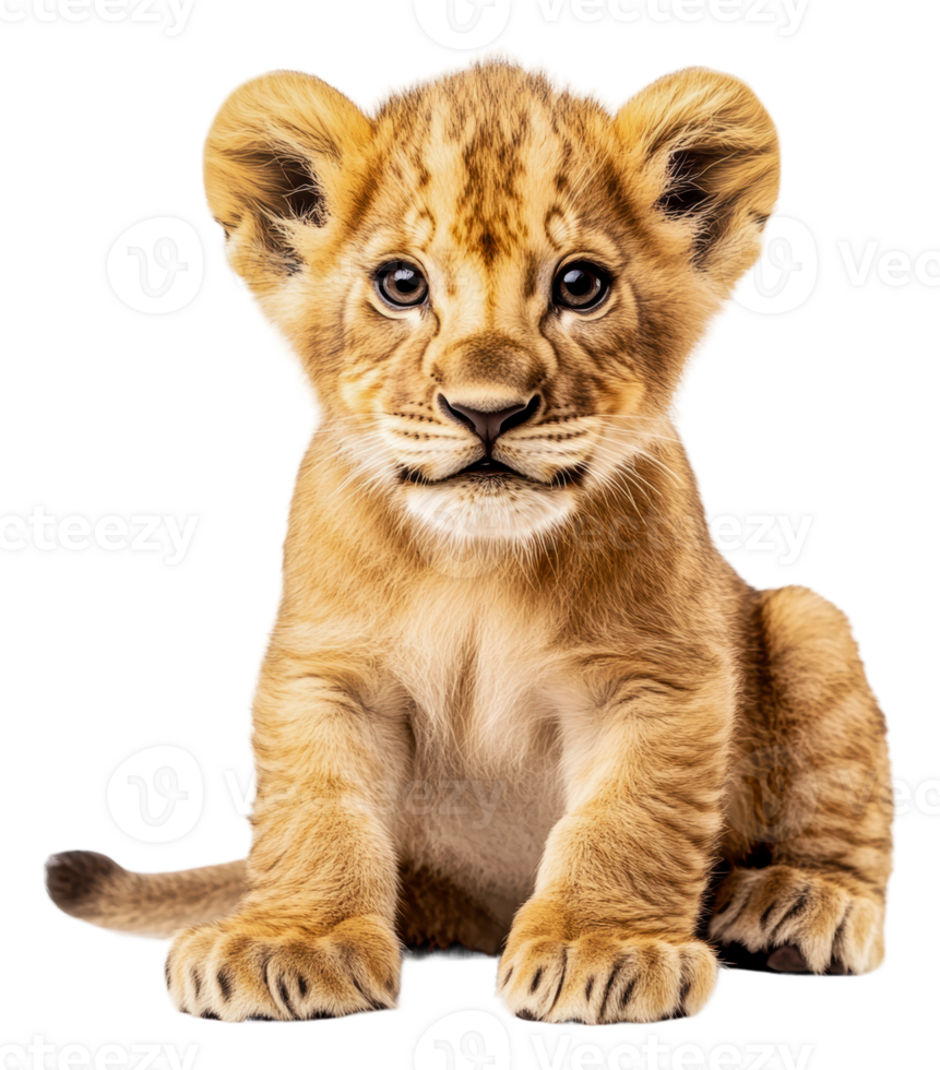 Cute lion cub sitting on a white background, cut out - stock . png