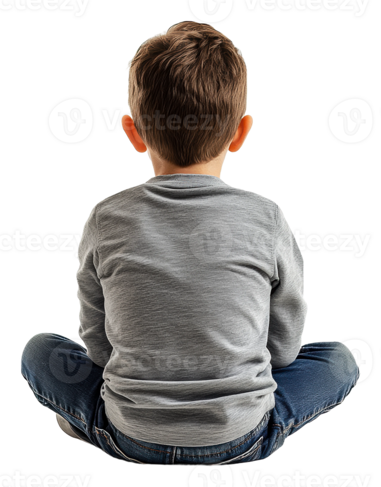 Boy in gray sitting quietly on the floor, cut out - stock . png