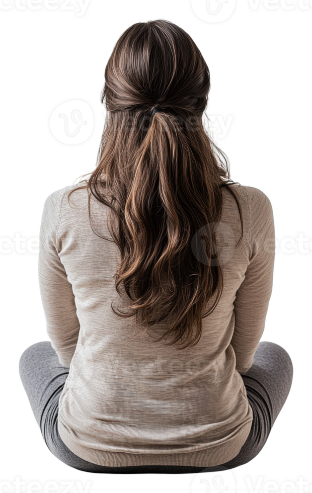 A woman sitting cross-legged in a serene setting, cut out - stock . png