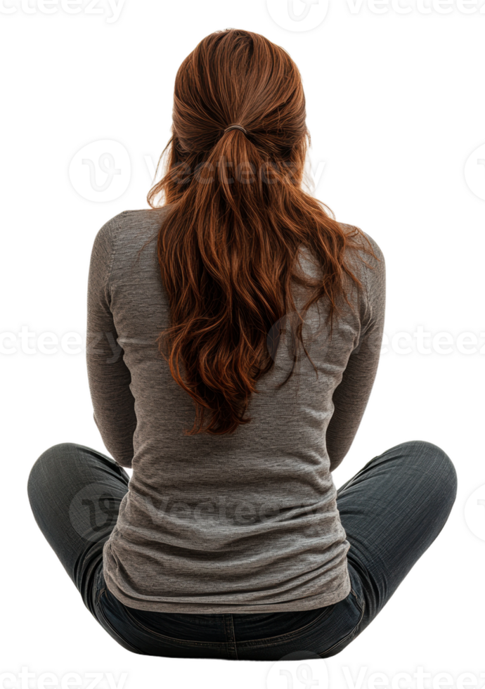 Young woman with long hair sitting indoors, cut out - stock . png