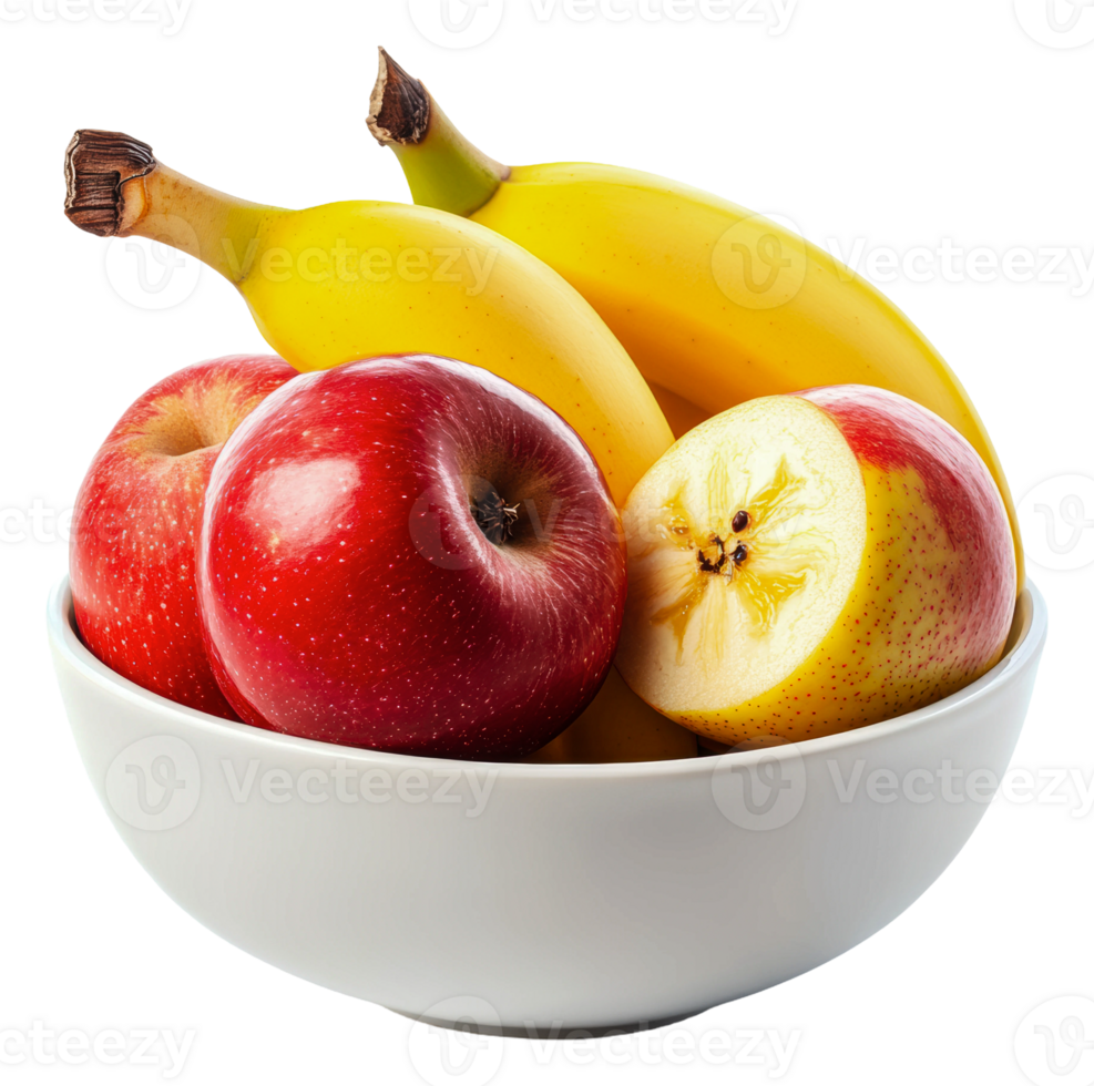 Fruit bowl with apples and bananas, cut out - stock . png