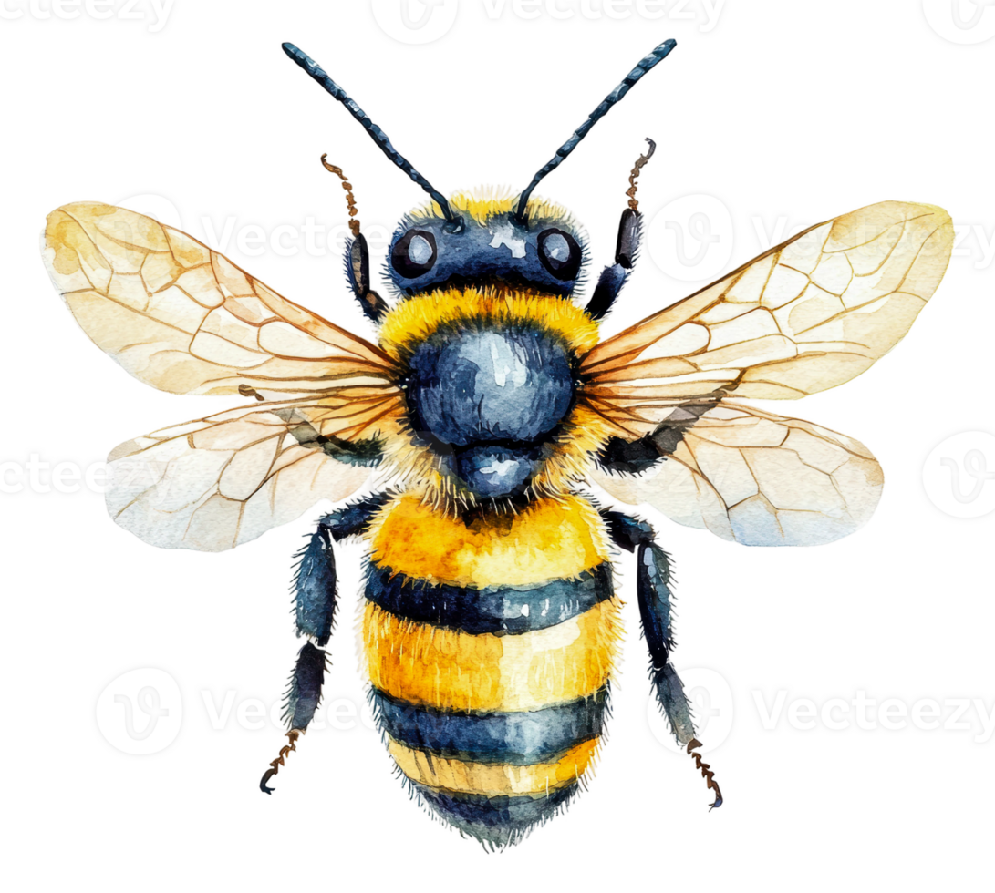 Bright watercolor illustration of a bee with wings, cut out - stock . png