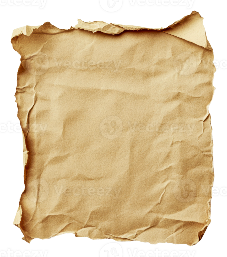 Crumpled brown paper sheet on a white background, cut out - stock . png