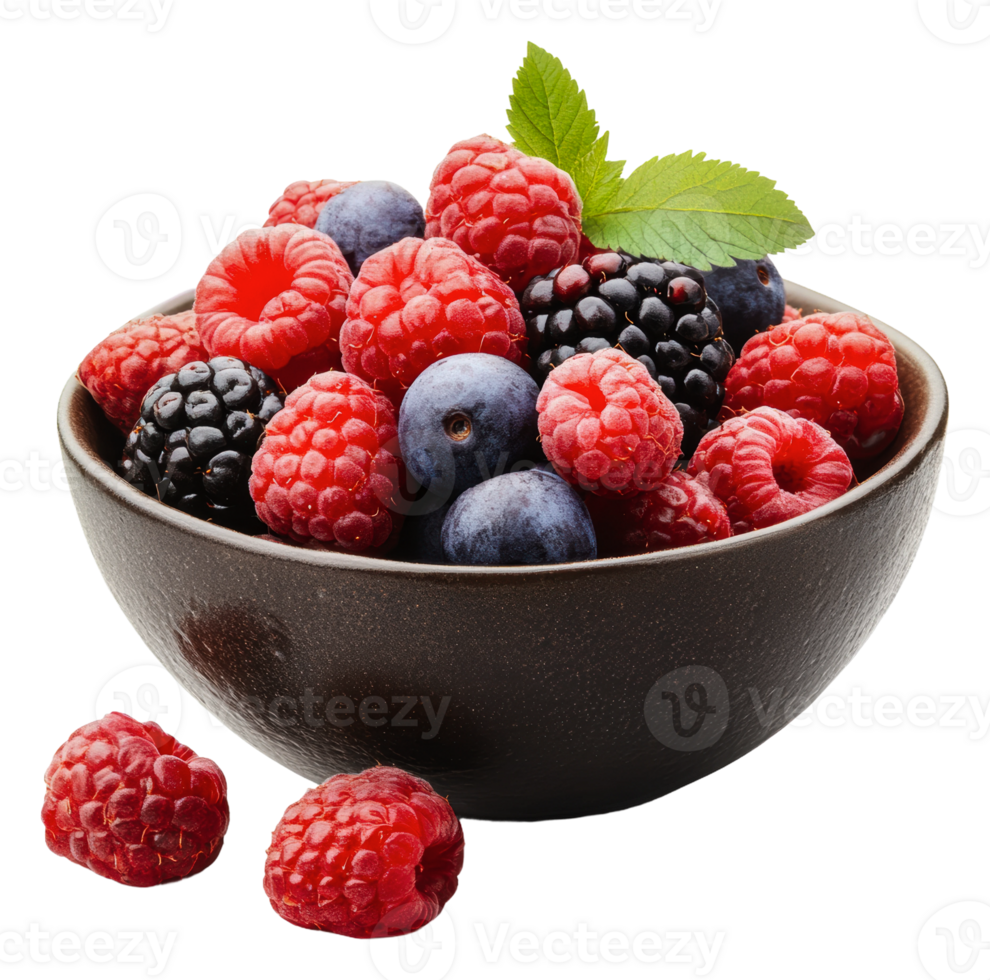 Fresh mixed berries served in a dark bowl, cut out - stock . png