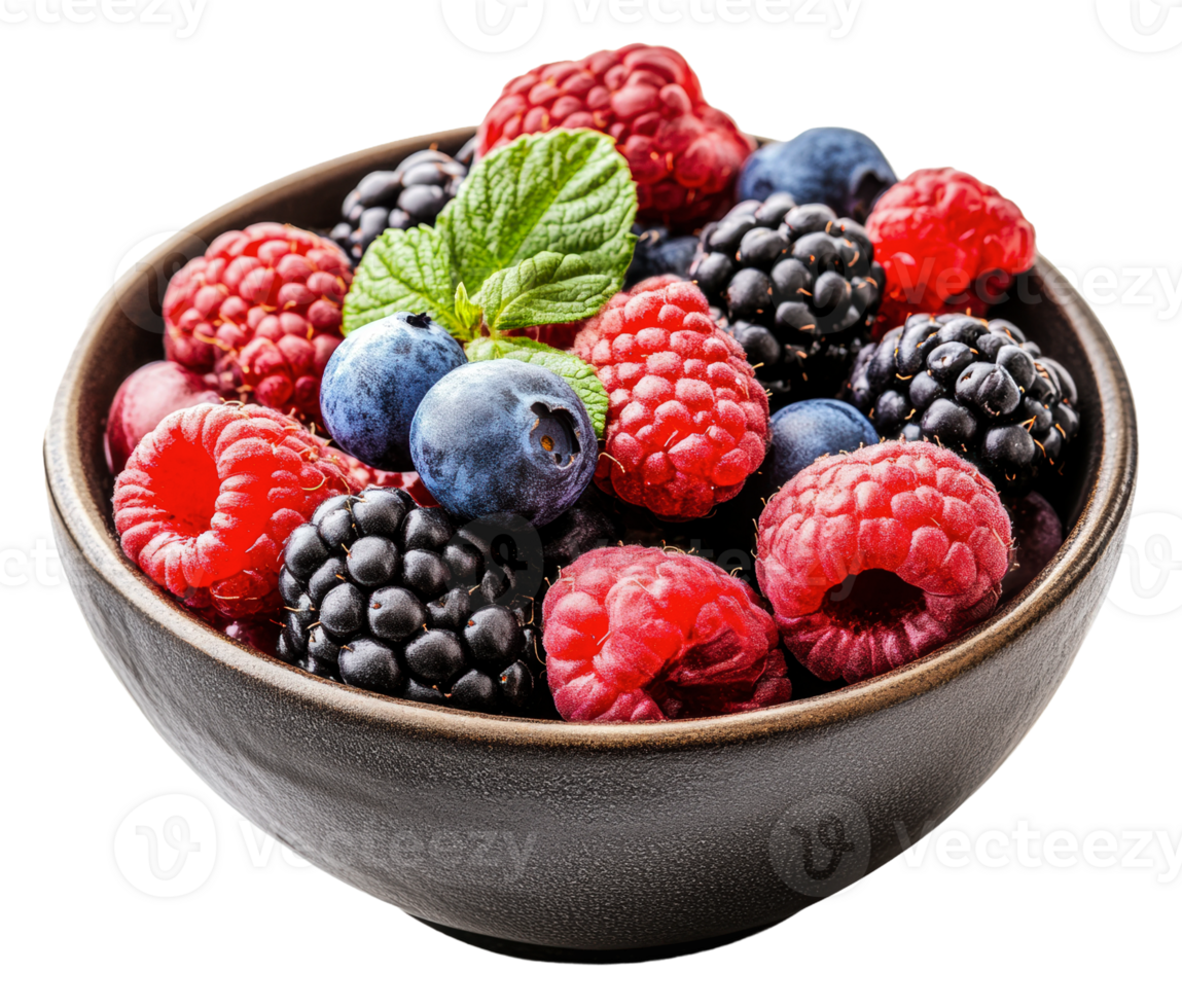 Fresh mixed berries in a black bowl with mint, cut out - stock . png