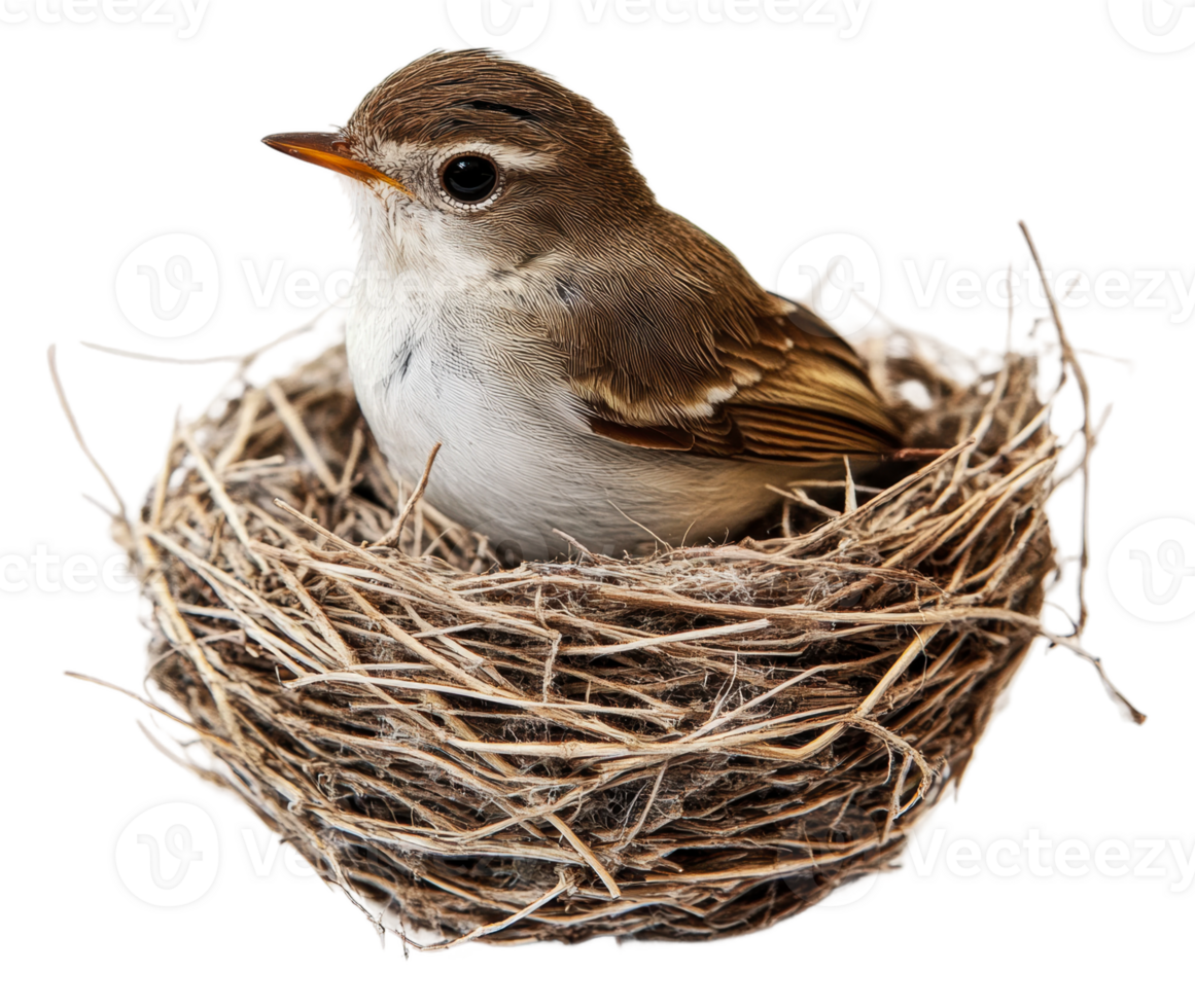Young bird resting in its nest during springtime, cut out - stock . png
