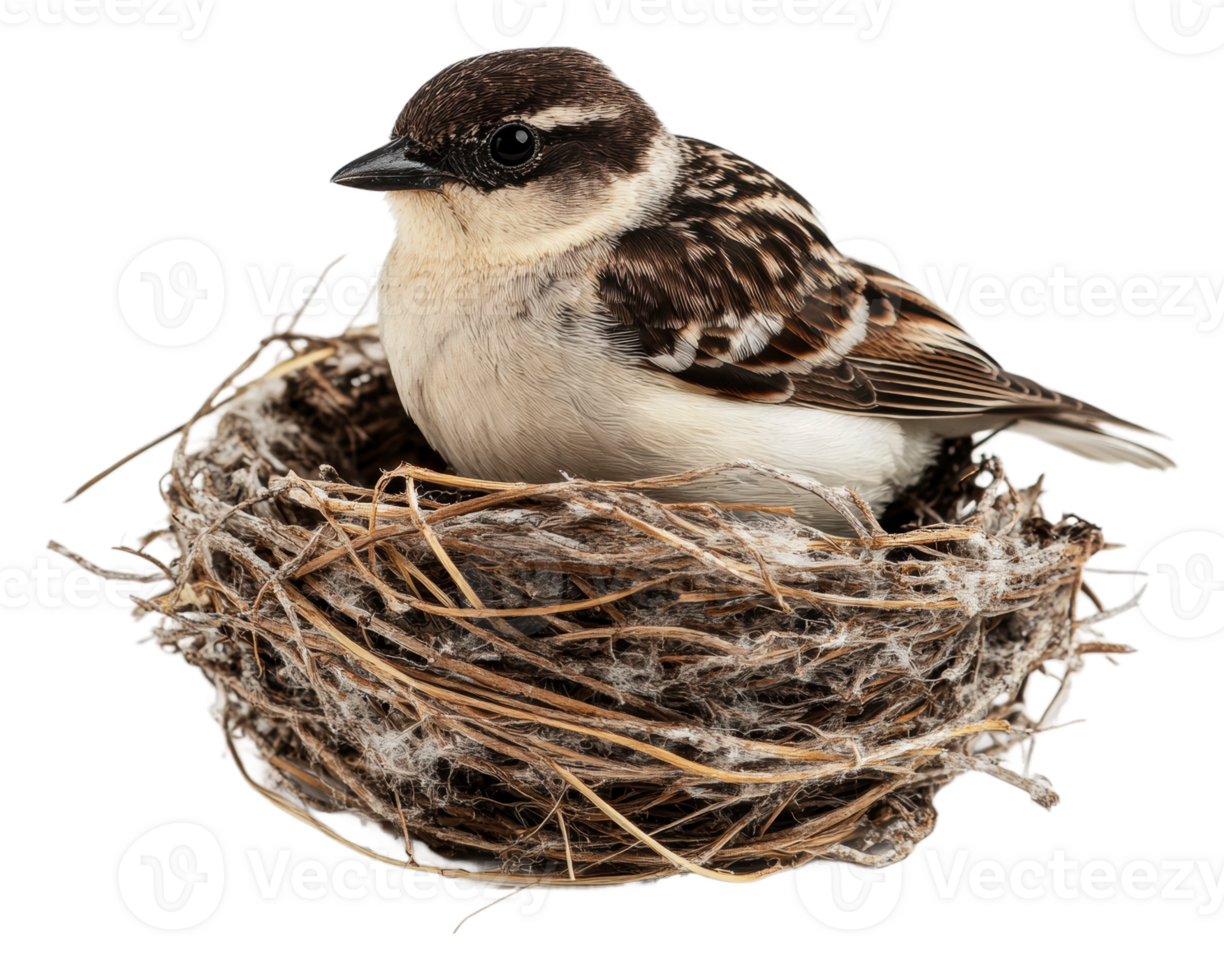 Bird sitting in a cozy nest made of twigs, cut out - stock . png