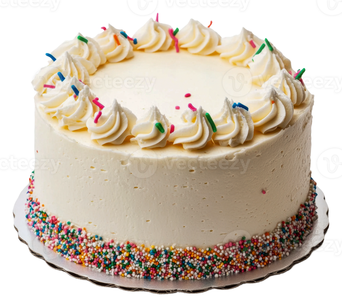 White cake with sprinkles and cream, cut out - stock . png