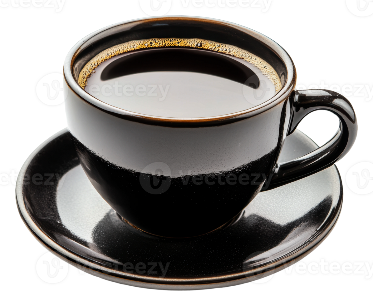 Freshly brewed black coffee in a black cup, cut out - stock . png