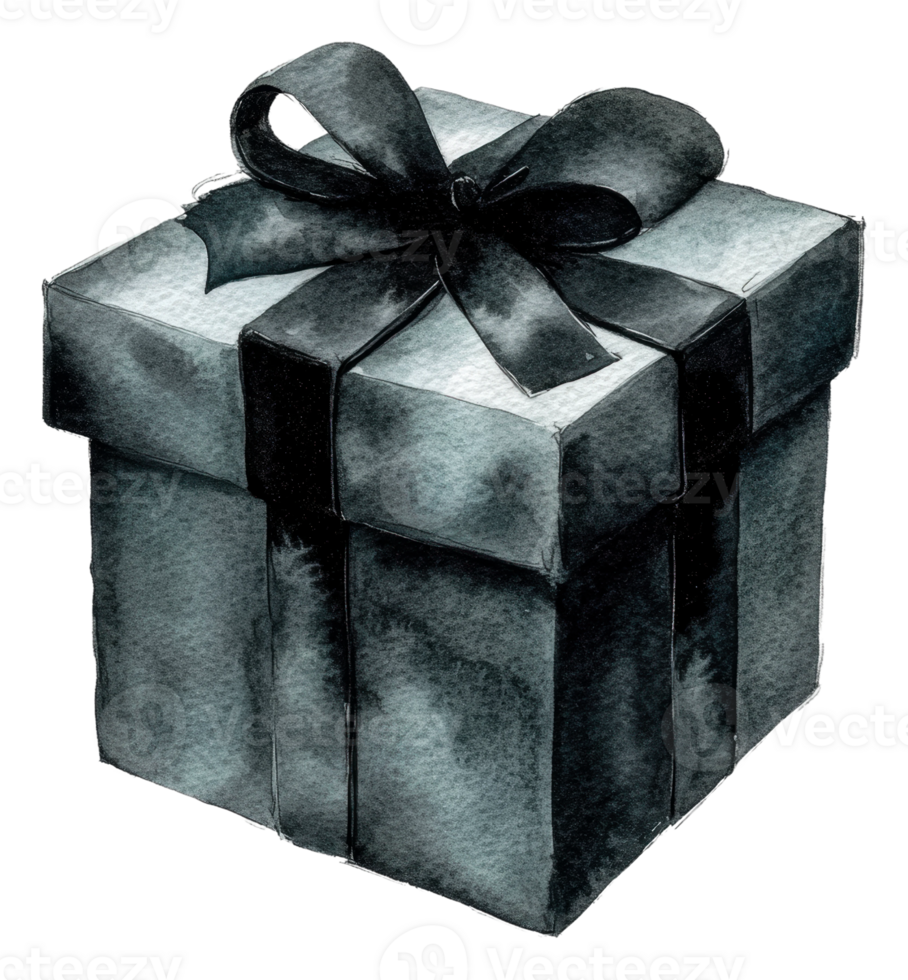 Elegant black gift box with a ribbon on top, cut out - stock . png