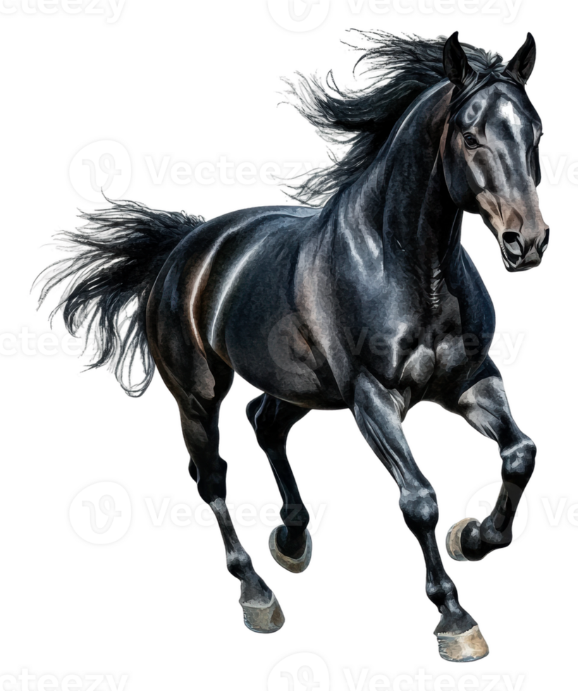 Majestic black horse galloping in an open field, cut out - stock . png