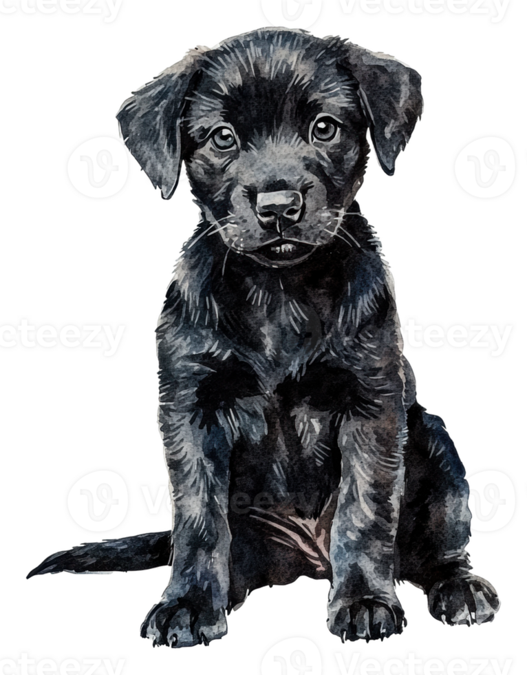 Curious black Lab puppy sitting cutely, cut out - stock . png