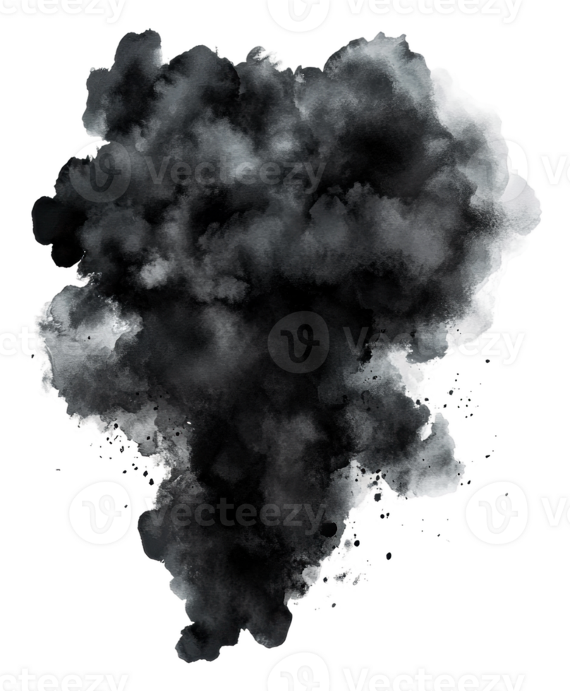 Black smoke swirls on white background, cut out - stock . png