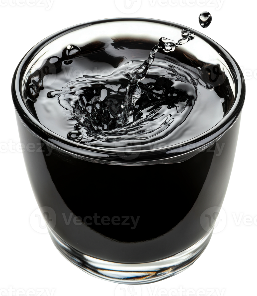 Splashing droplets in a black liquid bowl, cut out - stock . png