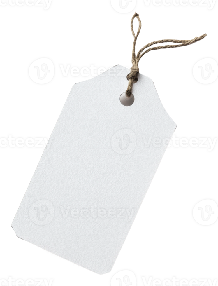 Blank white tag with twine on a simple background, cut out - stock . png