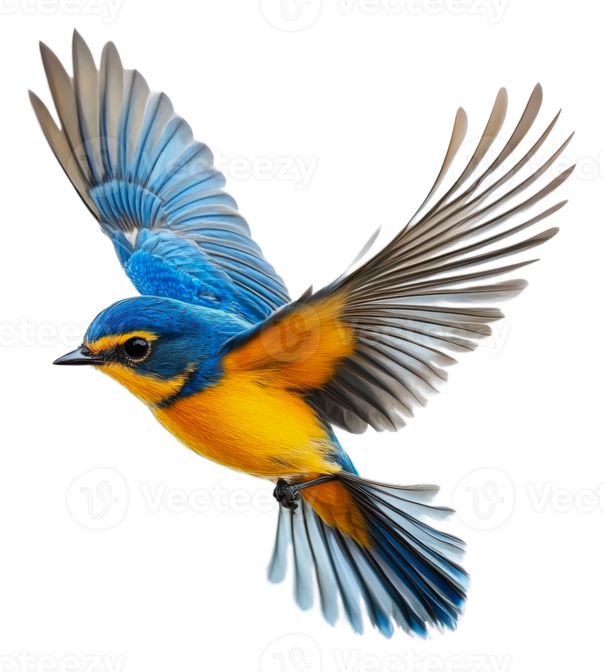 Colorful bird in flight against a white backdrop, cut out - stock . png