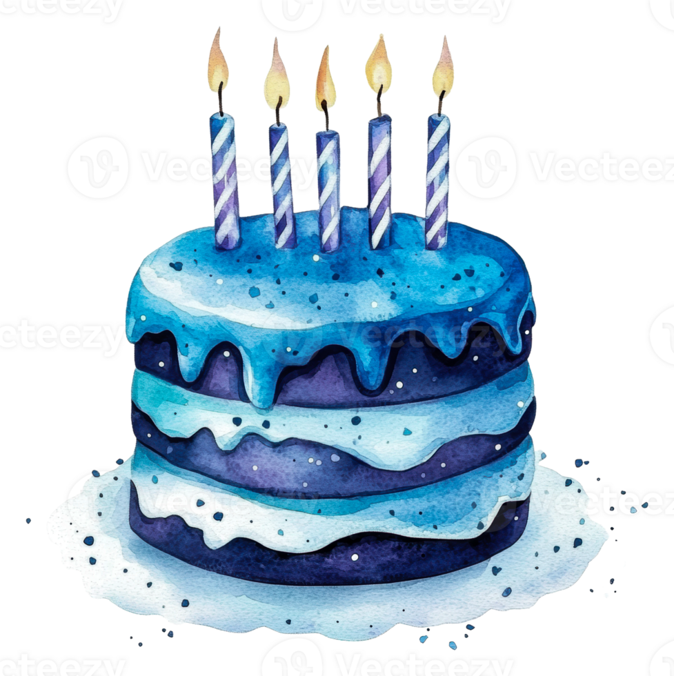 Colorful three-tiered birthday cake with candles, cut out - stock . png