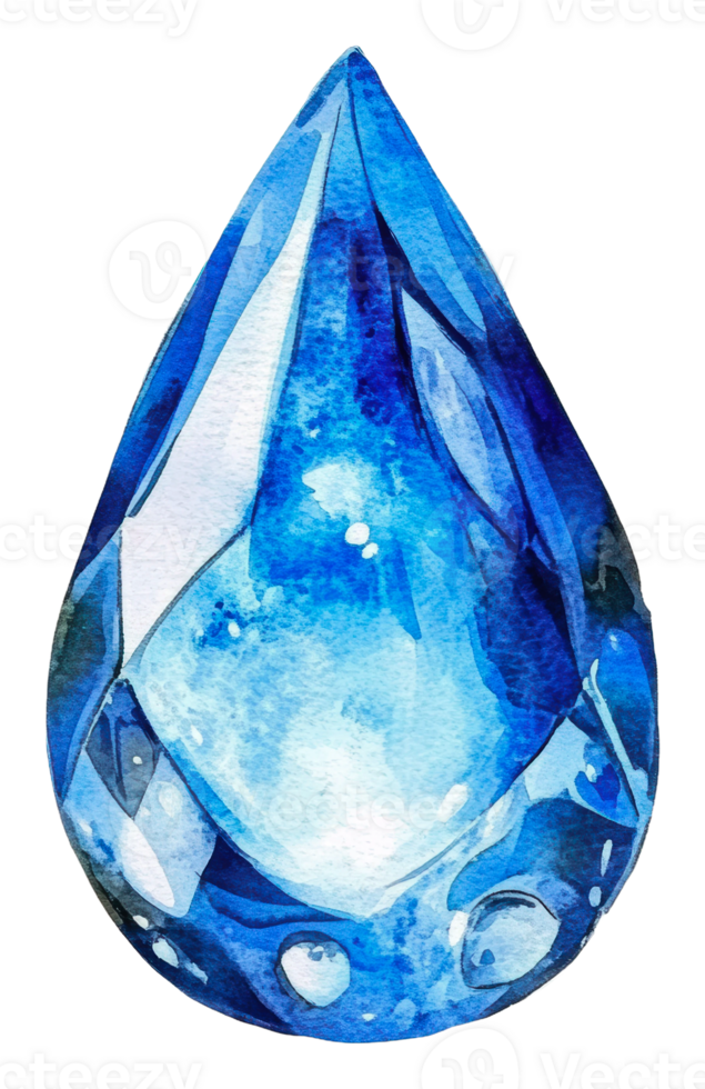 Blue crystal teardrop with watercolor effects, cut out - stock . png