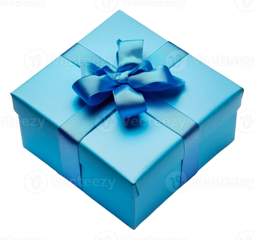 Blue gift box with ribbon on white, cut out - stock . png