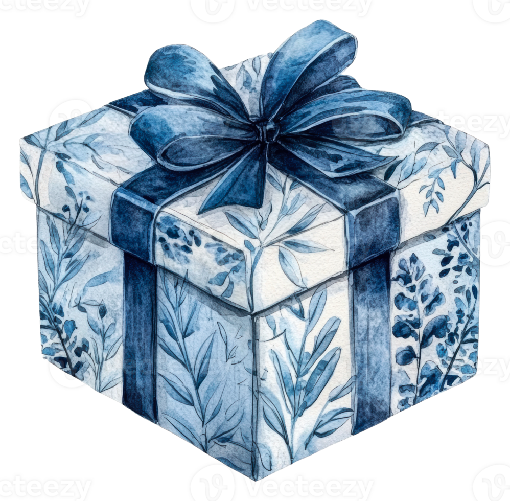 Elegant floral blue gift box, cut out - stock . png