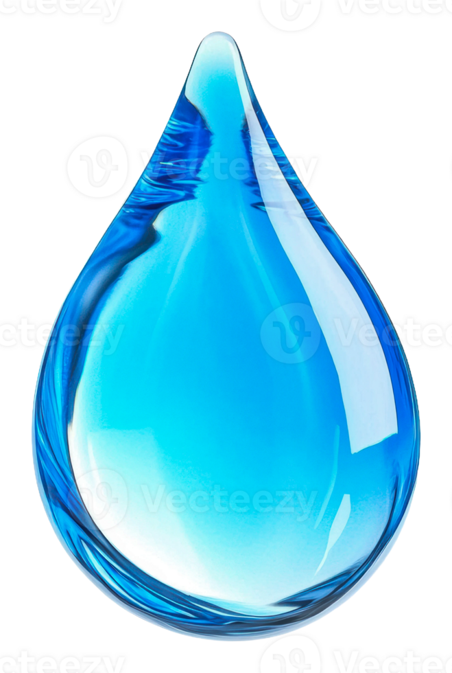 Translucent blue water droplet on a clear surface, cut out - stock . png
