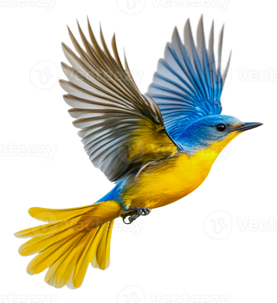 A vibrant blue and yellow bird in mid-flight, cut out - stock . png