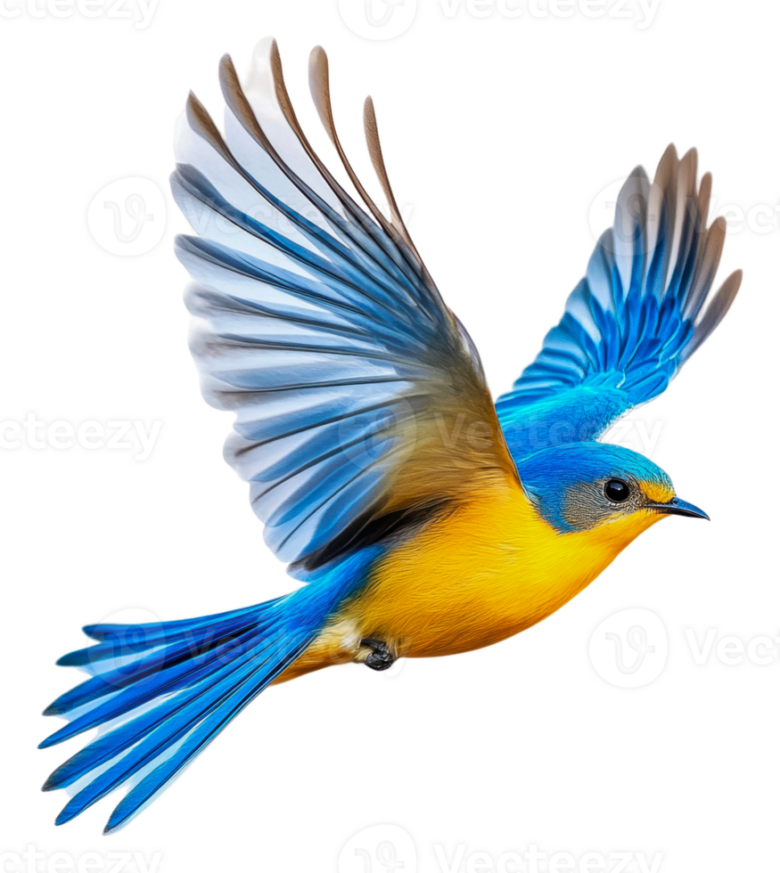 Colorful bird flying over bright backdrop, cut out - stock . png
