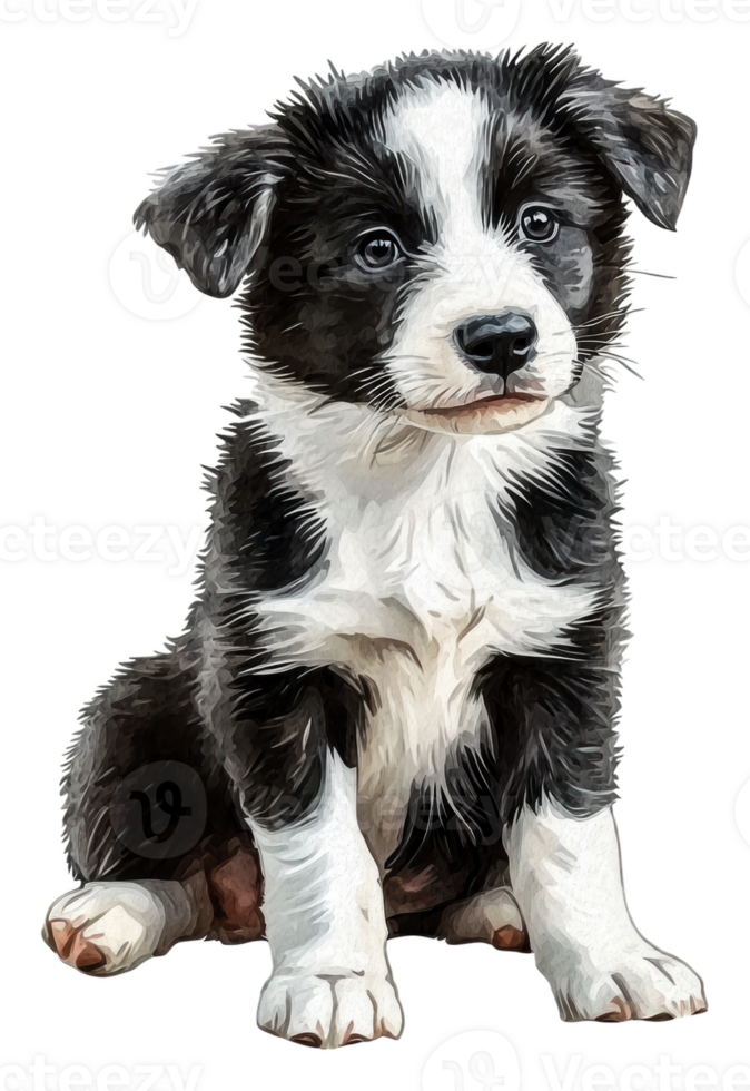 Cute black and white puppy sitting indoors, cut out - stock . png