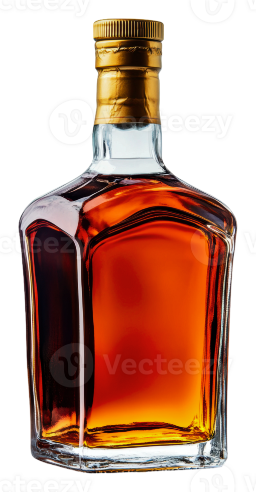 Elegant whiskey bottle with golden cap on display, cut out - stock . png