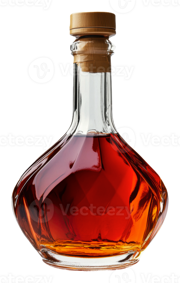 Elegant glass bottle filled with amber liquid, cut out - stock . png