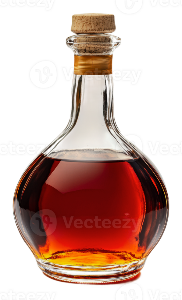 Elegant glass bottle filled with rich amber liquid, cut out - stock . png