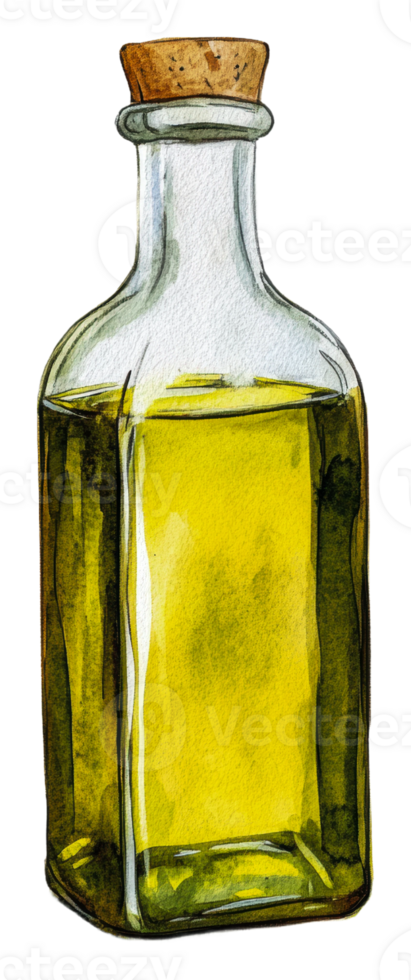Olive oil in glass bottle, white background, cut out - stock . png