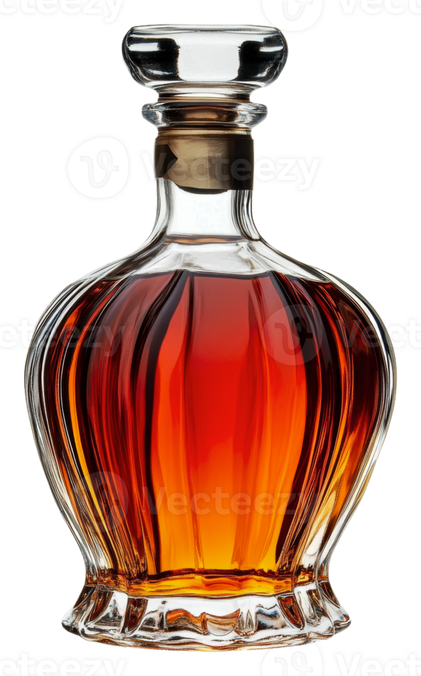 Elegant glass decanter with amber liquid, cut out - stock . png