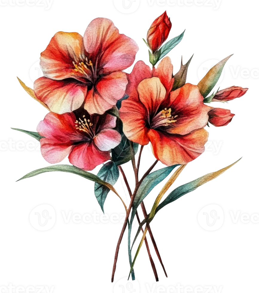 Watercolor pink hibiscus bouquet, cut out - stock . png