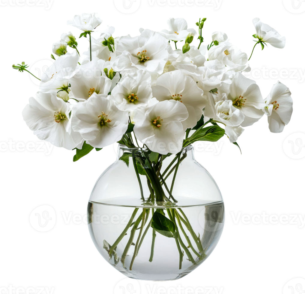 White flowers in a clear vase on a bright surface, cut out - stock . png