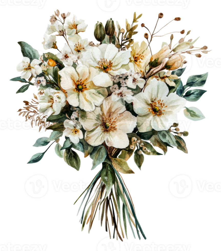White floral bouquet with greenery, cut out - stock . png