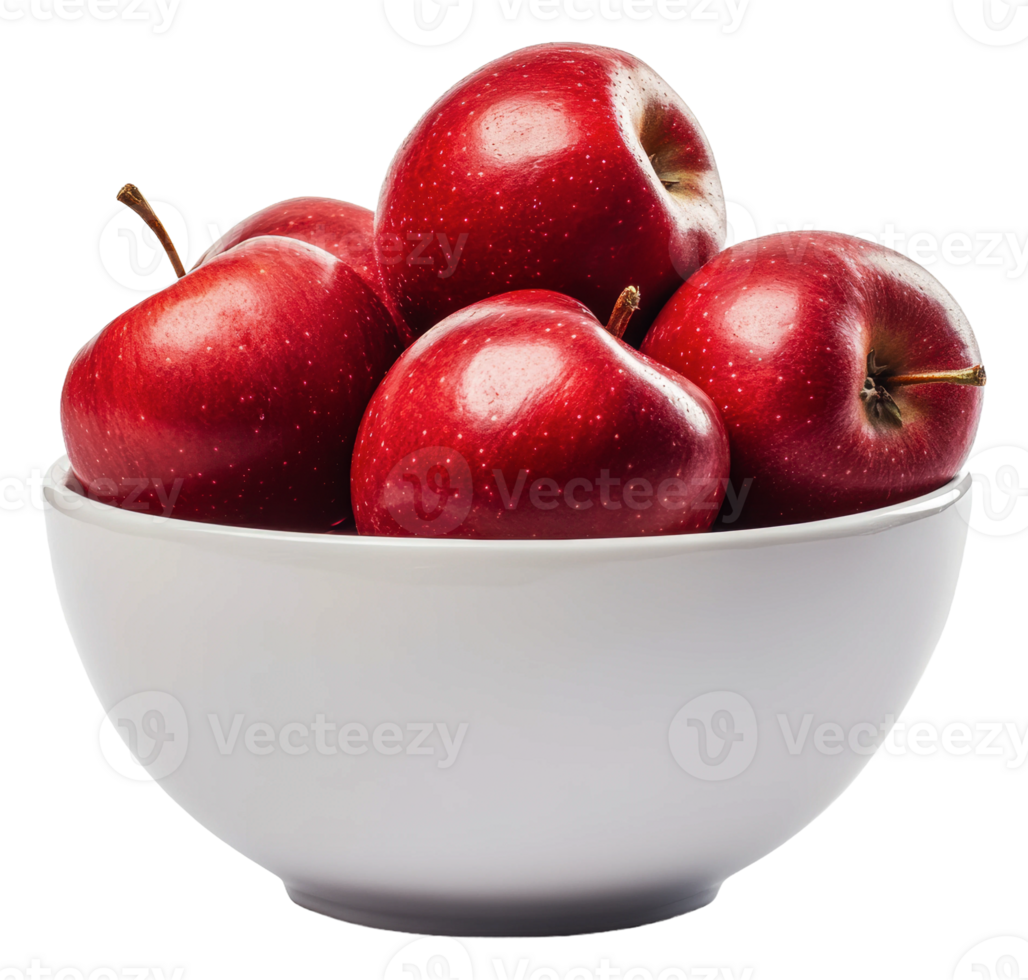 Fresh red apples in a white bowl on kitchen table, cut out - stock . png