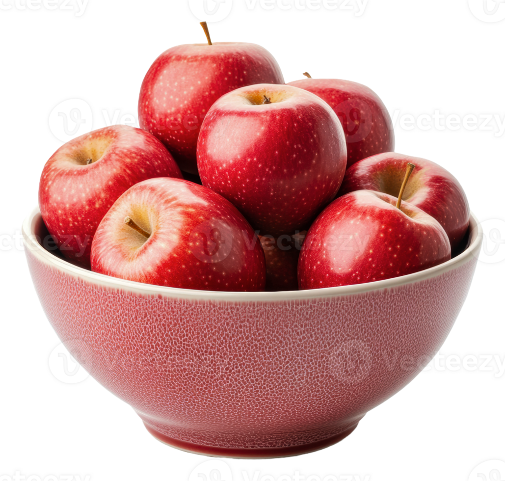 Fresh red apples in a decorative bowl on display, cut out - stock . png